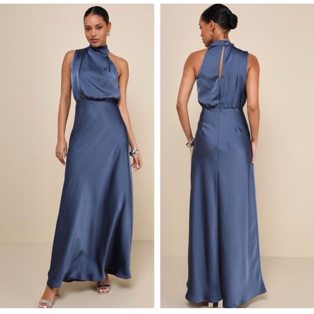 NWOT Lulus Distinctive Charm Slate Blue Satin Asymmetrical Maxi Dress Size S